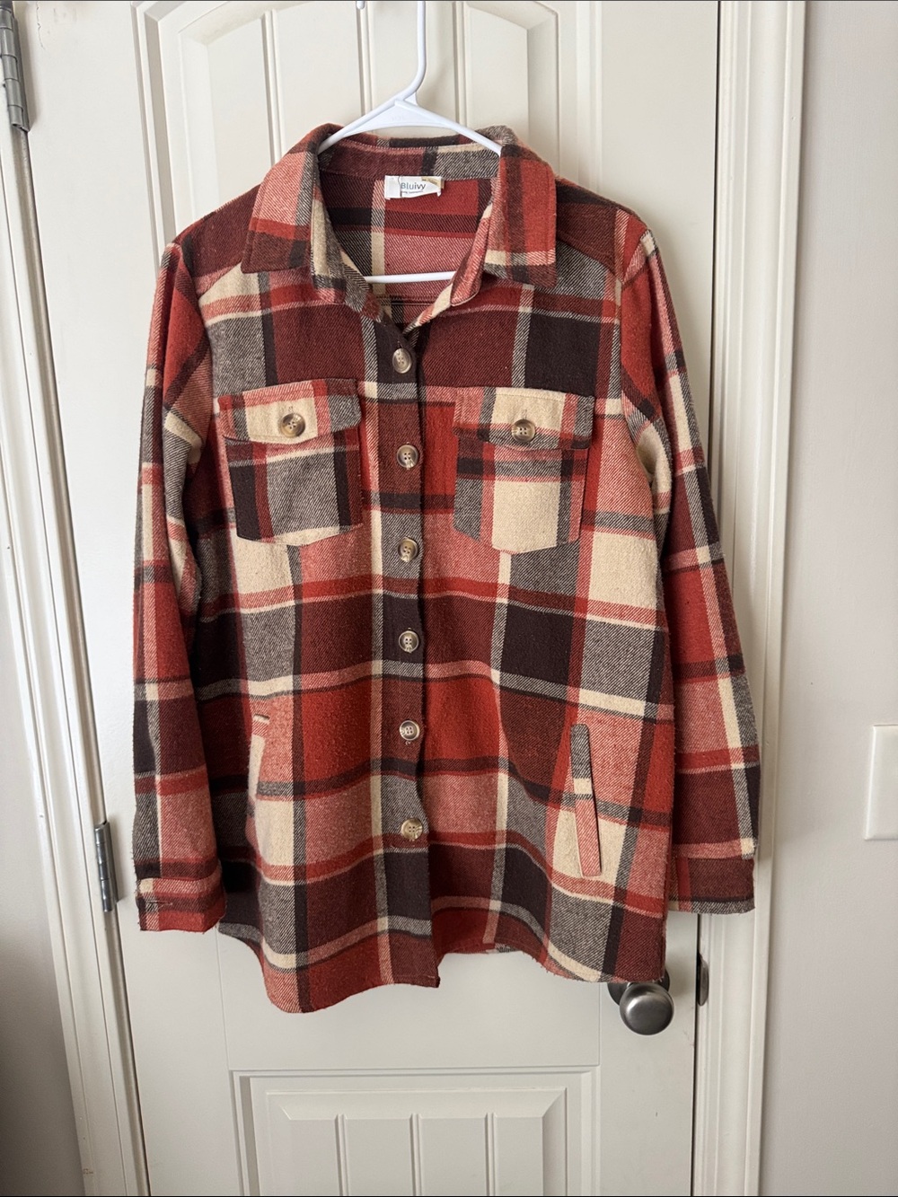 Bluivy Plaid Button-Front Shacket - Rust, Brown & Cream